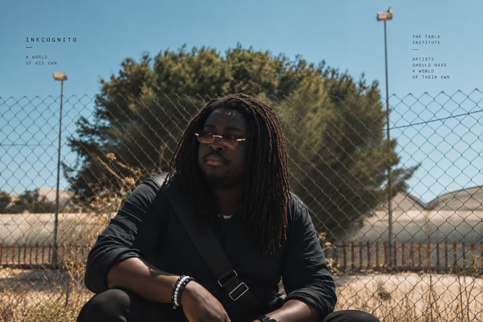 Inkcognito seated outdoors by a fence