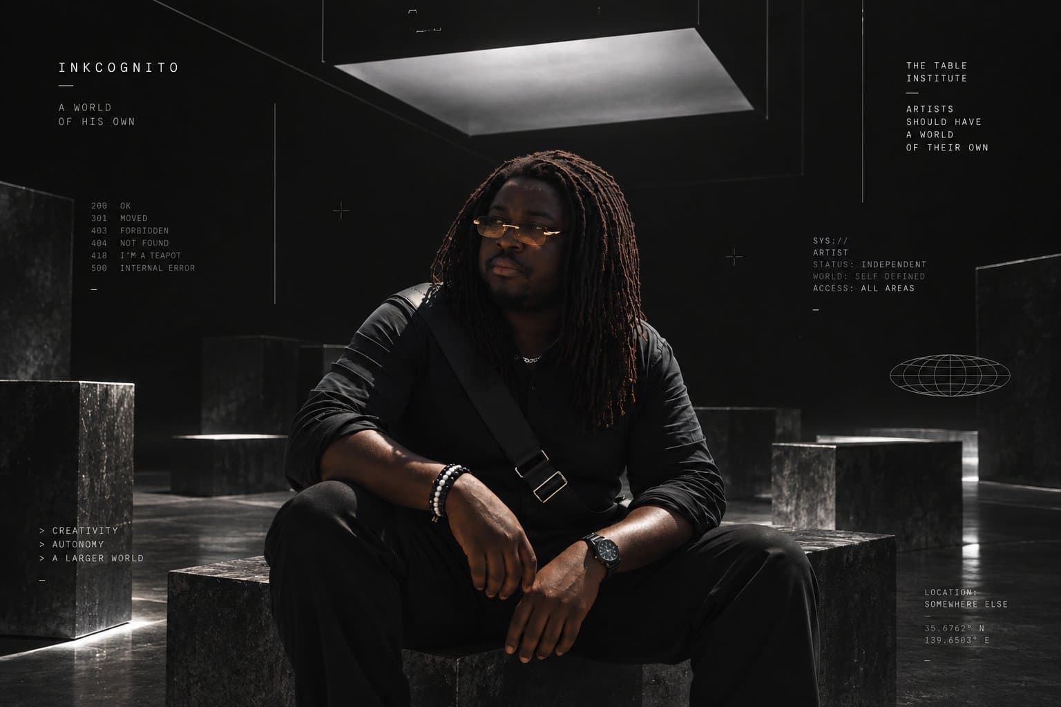 Inkcognito seated in a dark digital space